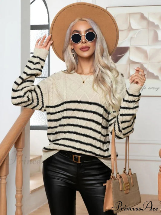Striped Arm Casual Sweater Pullover Long for Button Women White / S