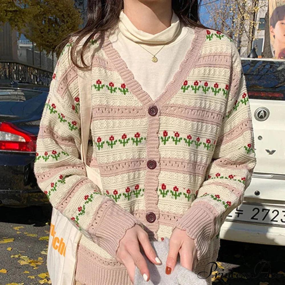 Striped Blossom Textured Button Front Cardigan cardiagn-250126