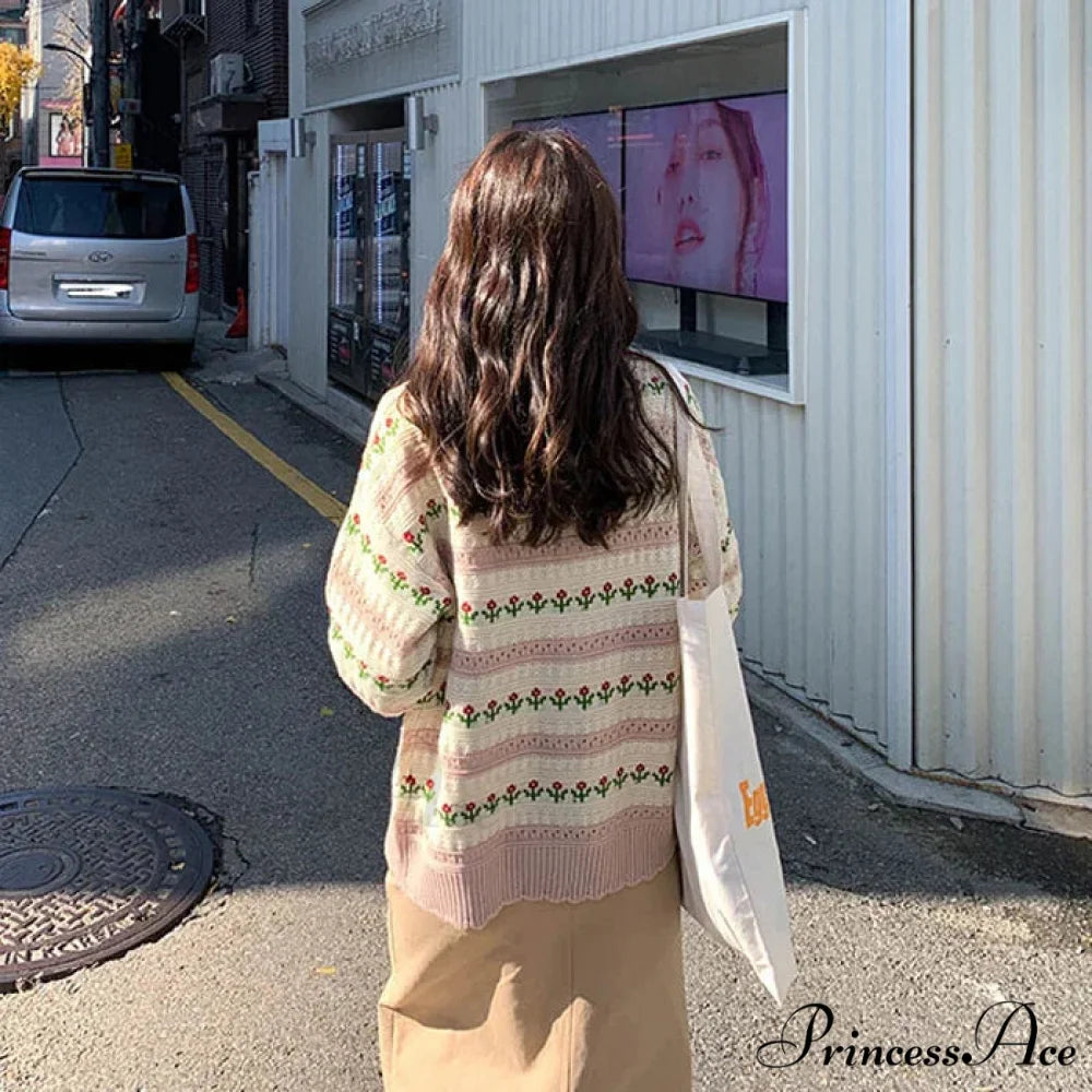 Striped Blossom Textured Button Front Cardigan cardiagn-250126