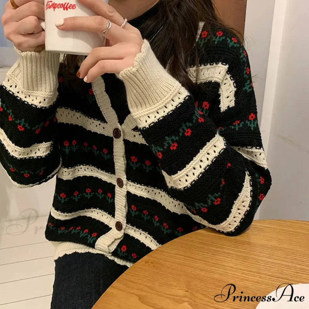 Striped Blossom Textured Button Front Cardigan cardiagn-250126