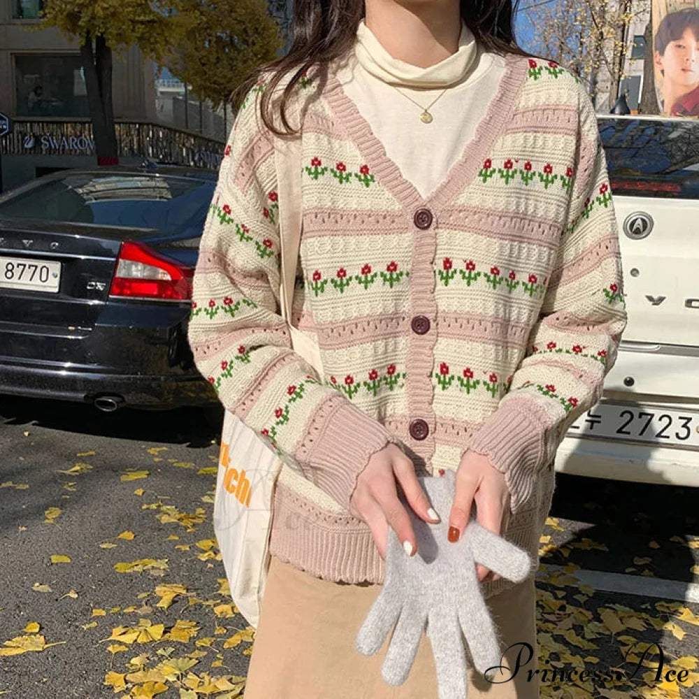 Striped Blossom Textured Button Front Cardigan PINK / One Size cardiagn-250126