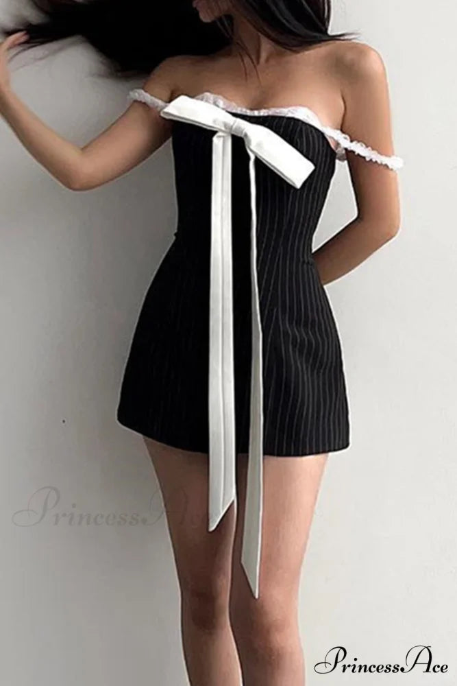 Striped Cami Dress with Lace Straps and Bow-tie Black / M