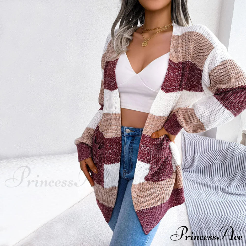 Striped Cardigan Wine Red / S