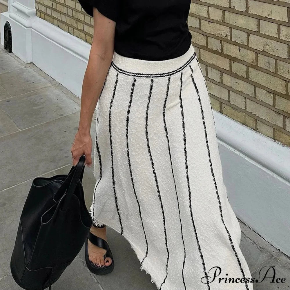 Striped Casual Vintage Elastic Waist Tassel Skirt WHITE / M