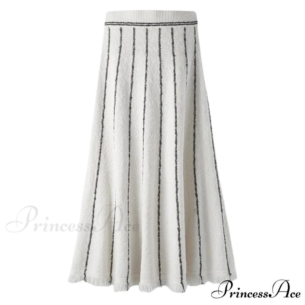 Striped Casual Vintage Elastic Waist Tassel Skirt WHITE / S