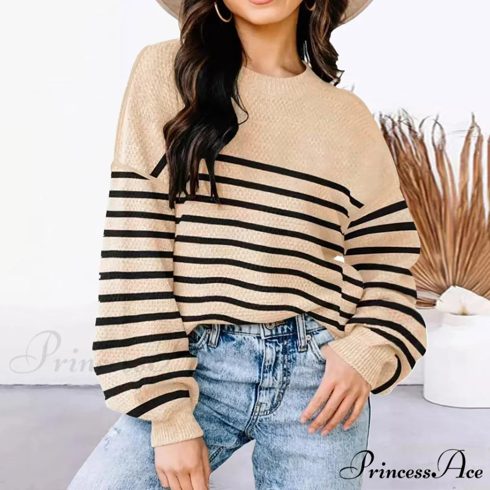 Striped Cozy Casual Knitting Loose Long Sleeve Comfortable Stylish Autumnal Sweater Khaki / S