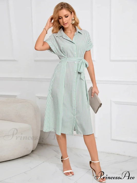Striped Dress with Belt - Lapel V-Neck