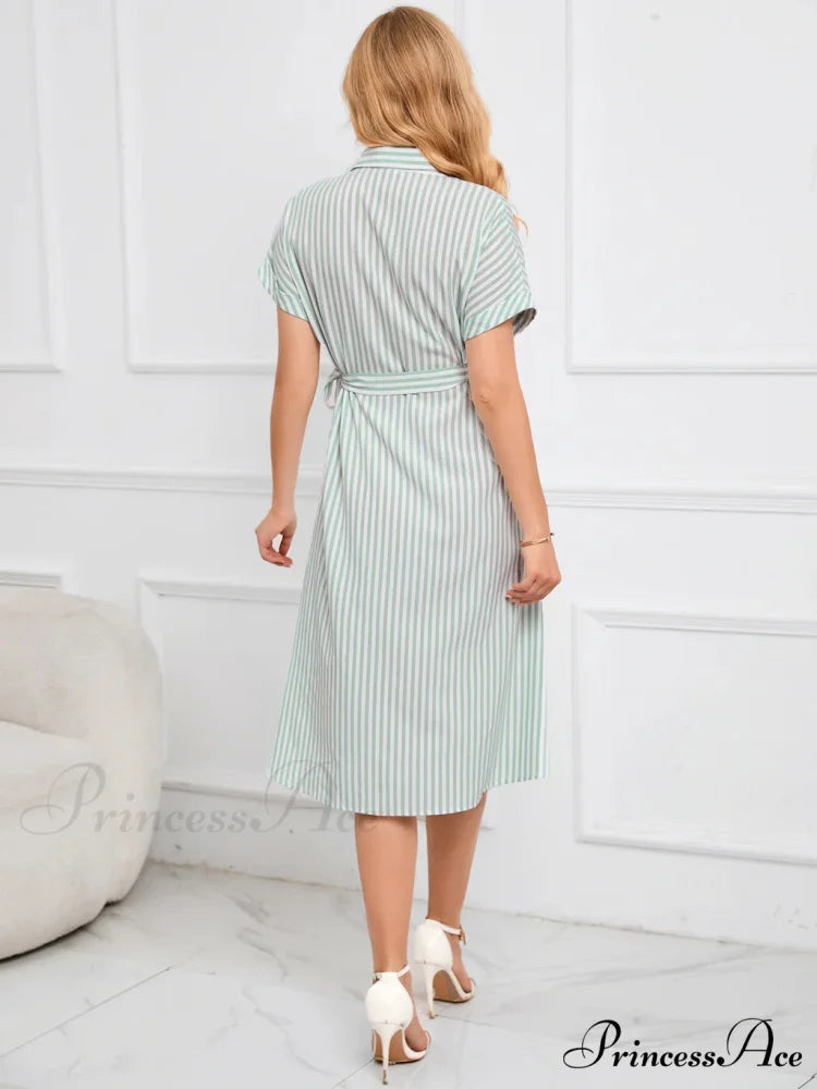 Striped Dress with Belt - Lapel V-Neck