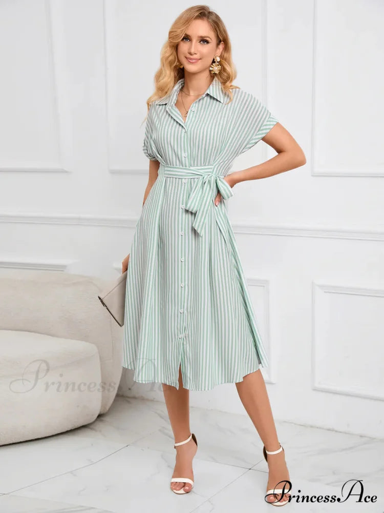 Striped Dress with Belt - Lapel V-Neck