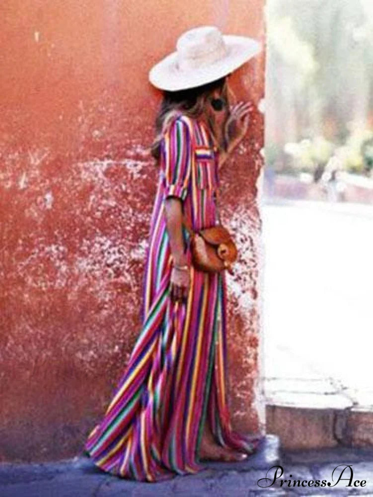 Striped Full-Length Bohemia Dress S / Purple