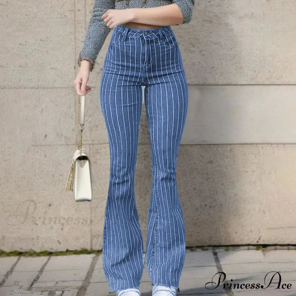 Striped High Waist Skinny Jeans Blue / S