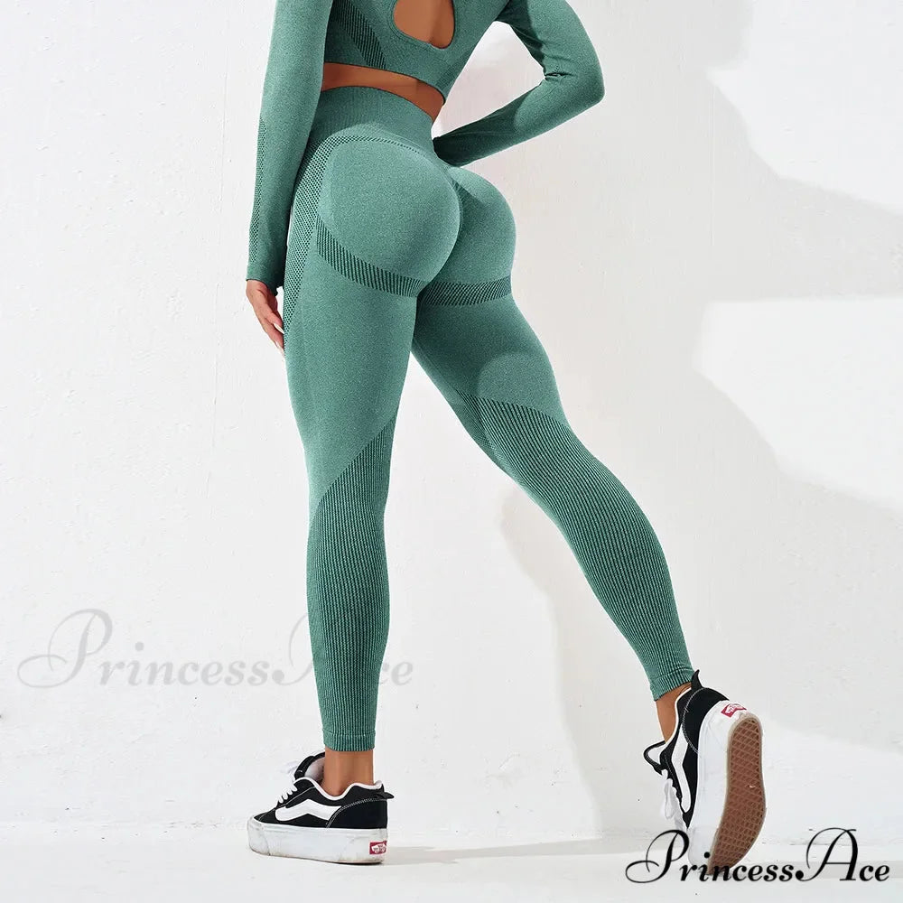 Striped High Waist Workout Elastic Fitness Legging Green / S