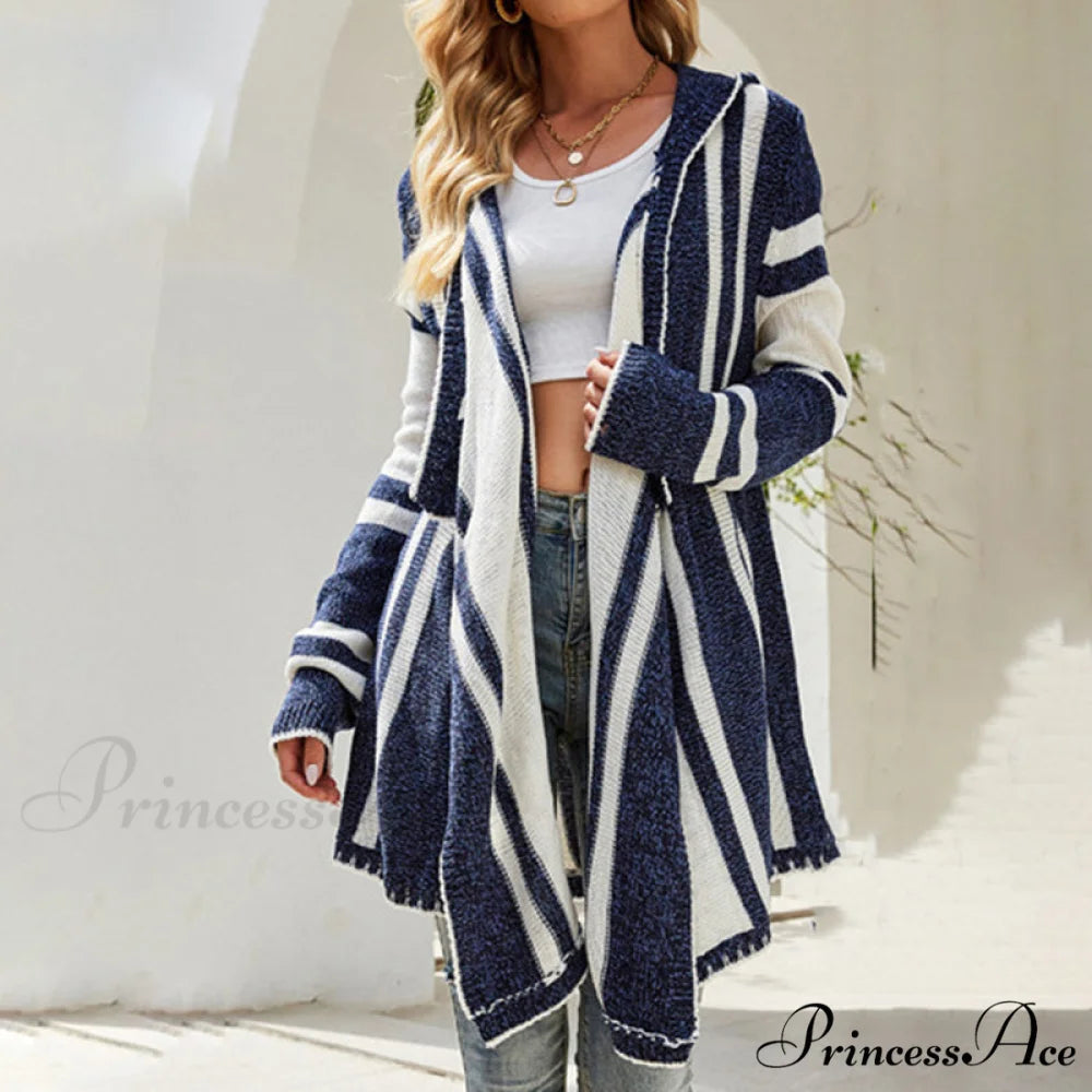 Striped Hooded Cardigan Blue / S