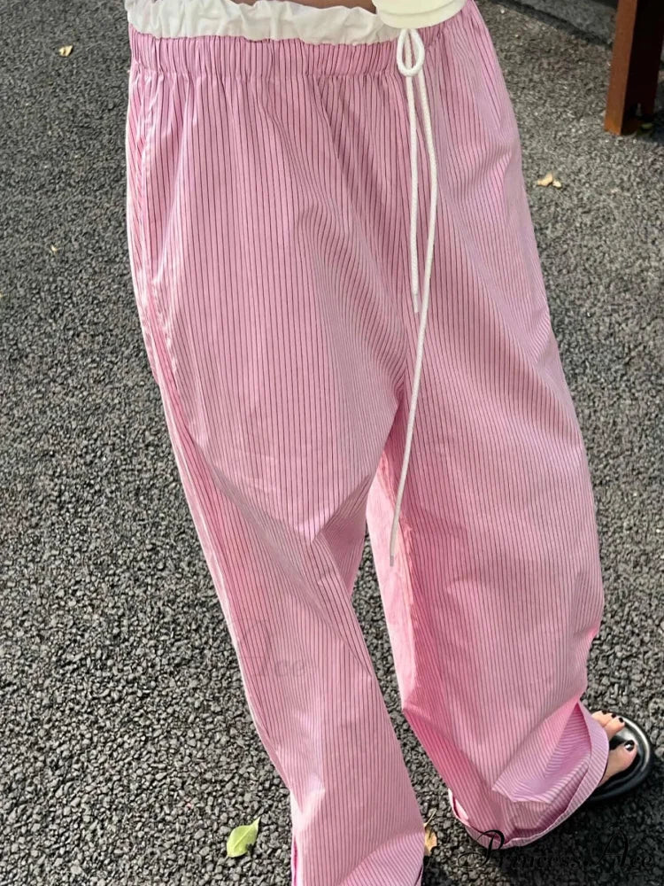 Striped Informal Gathered Retro Sweet Straight Pant pant-250223