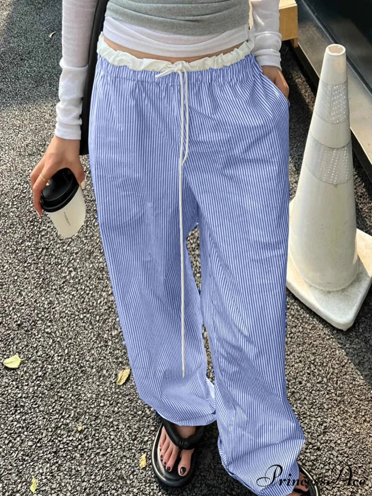 Striped Informal Gathered Retro Sweet Straight Pant pant-250223