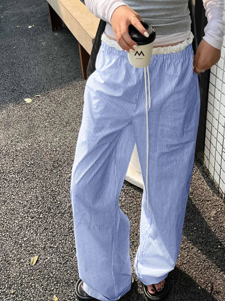 Striped Informal Gathered Retro Sweet Straight Pant pant-250223