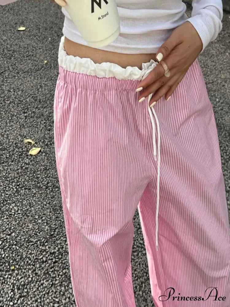 Striped Informal Gathered Retro Sweet Straight Pant pant-250223