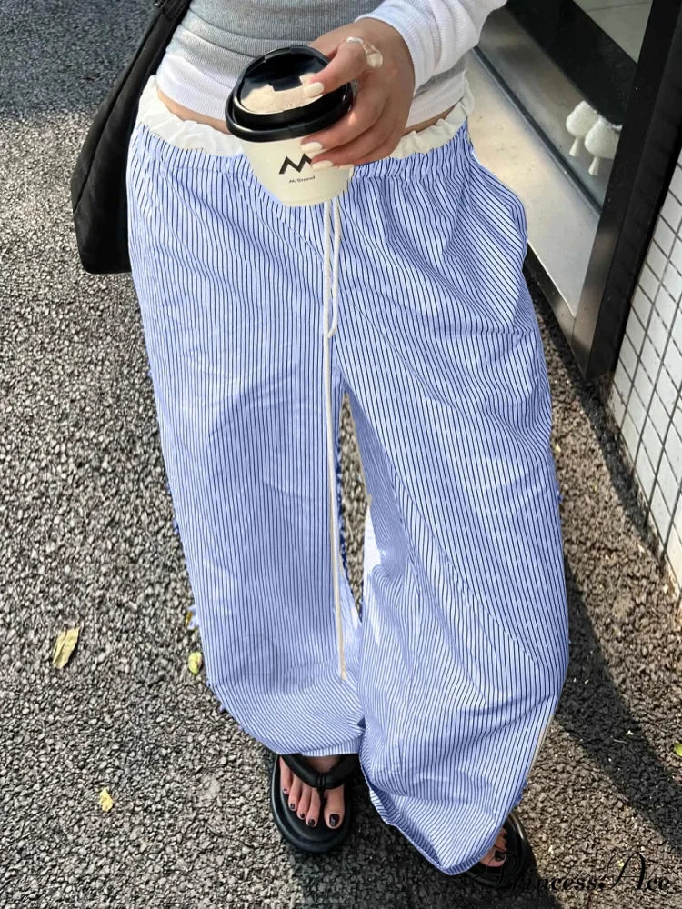 Striped Informal Gathered Retro Sweet Straight Pant Blue / S pant-250223