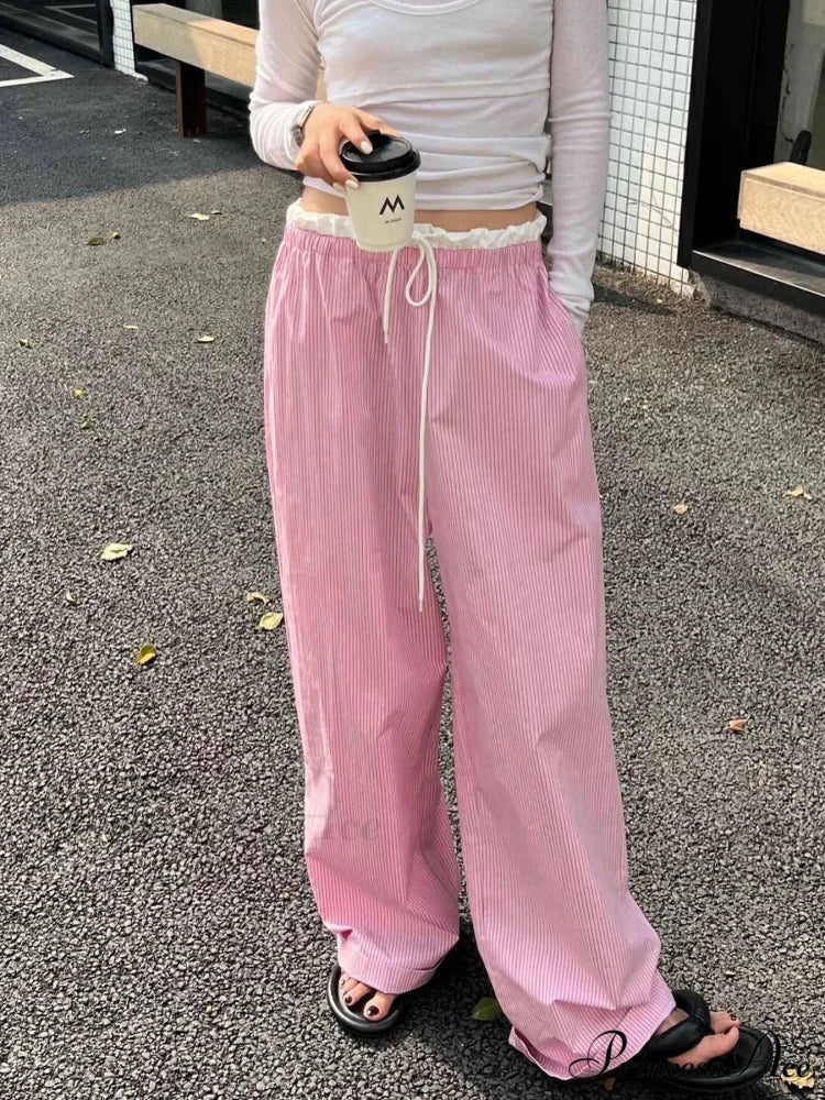 Striped Informal Gathered Retro Sweet Straight Pant Pink / S pant-250223