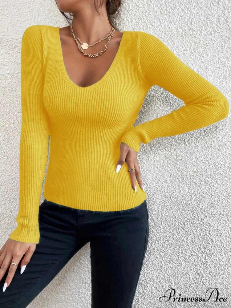 Striped Knit V-Neck Ribbed Pullover Sweater Knit Top Dark Yellow / S knittop-250126