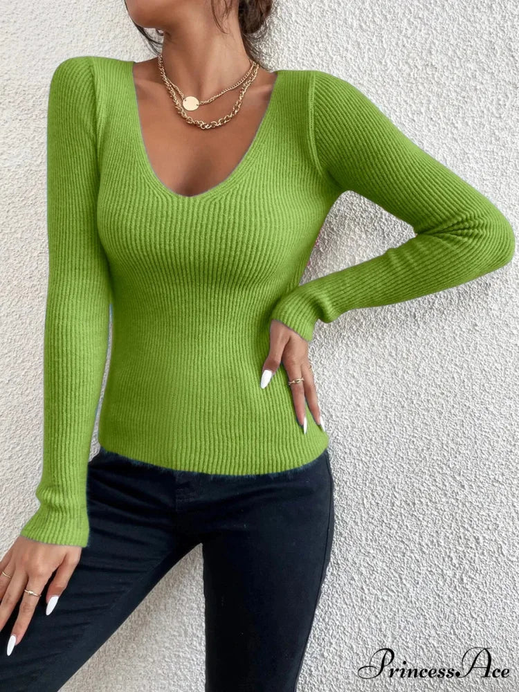 Striped Knit V-Neck Ribbed Pullover Sweater Knit Top Green / S knittop-250126