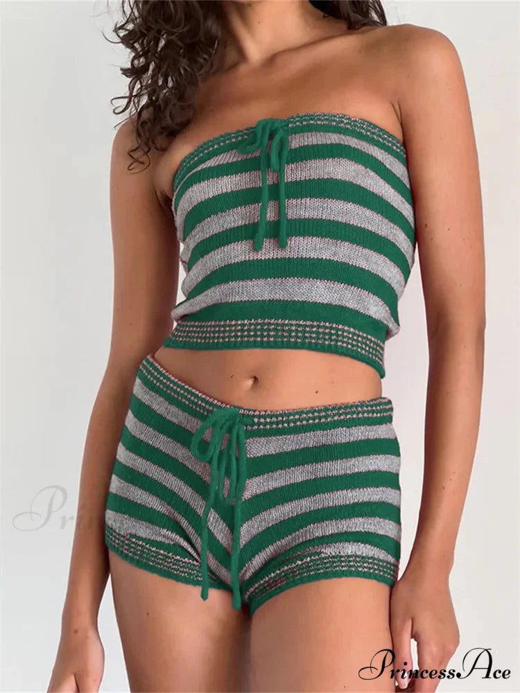 Striped Knitted Off Shoulder Crop Tube Top with Drawstring Shorts Set GREEN / S twopiecesset-250126