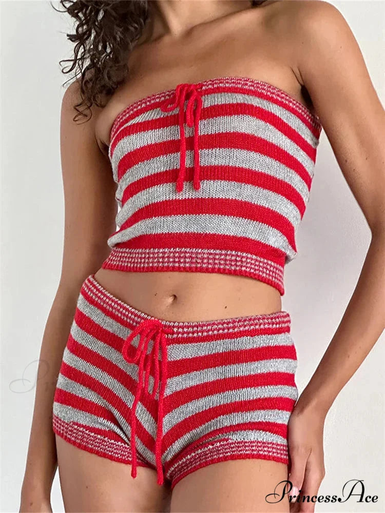 Striped Knitted Off Shoulder Crop Tube Top with Drawstring Shorts Set RED / S twopiecesset-250126