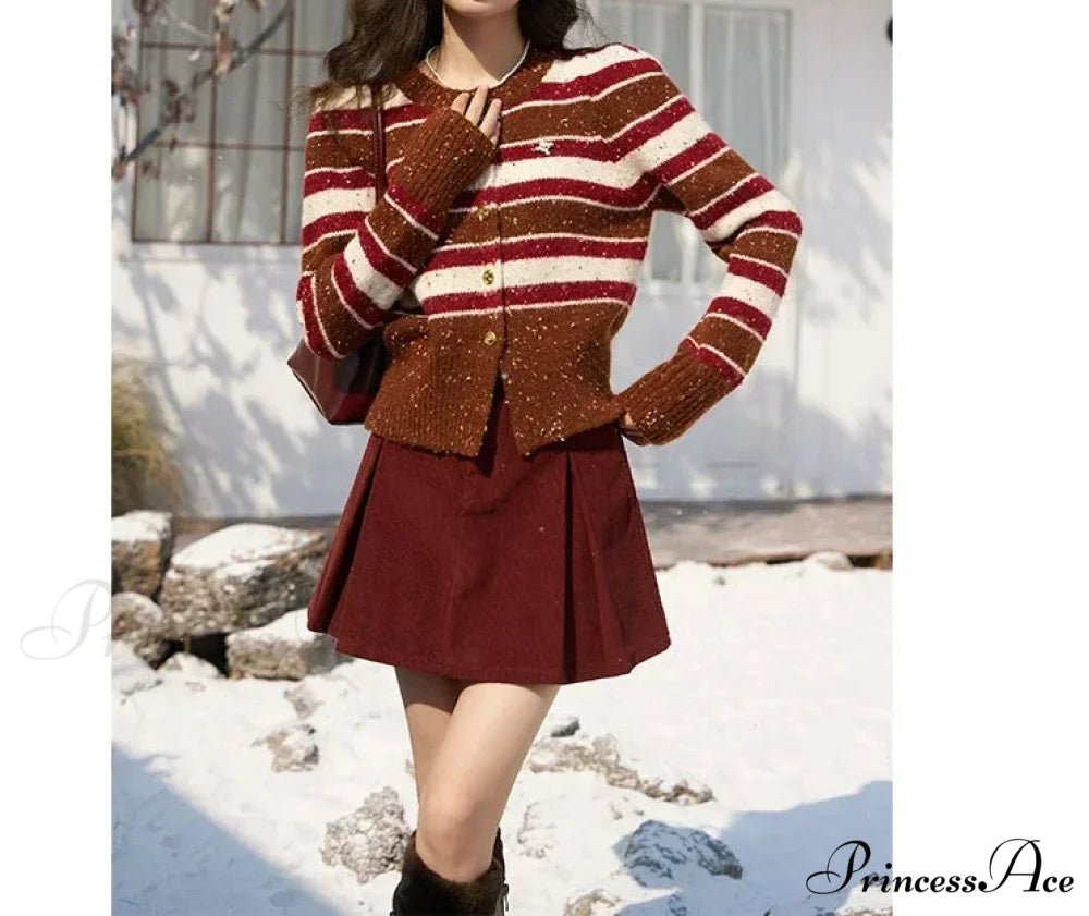 Striped Knitted Round Neck Cardigan Red / One Size