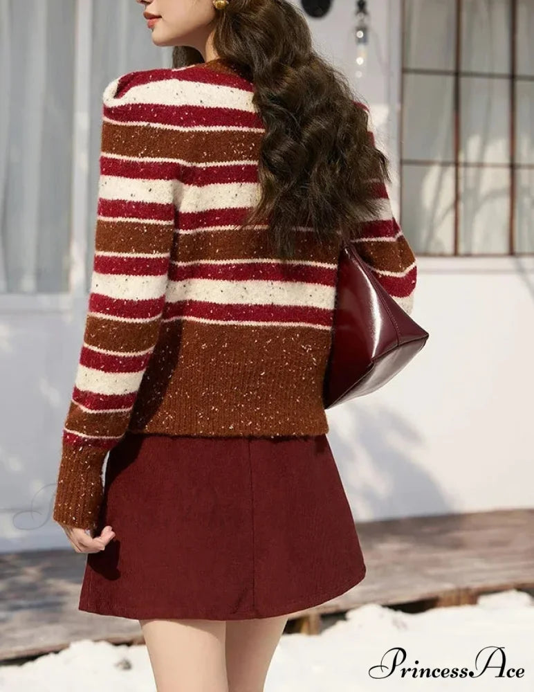 Striped Knitted Round Neck Cardigan Red / One Size