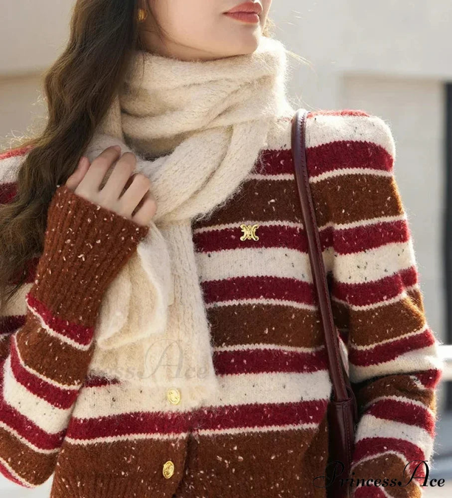 Striped Knitted Round Neck Cardigan Red / One Size