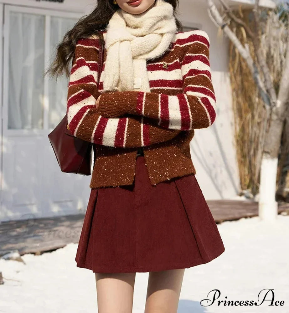 Striped Knitted Round Neck Cardigan Red / One Size