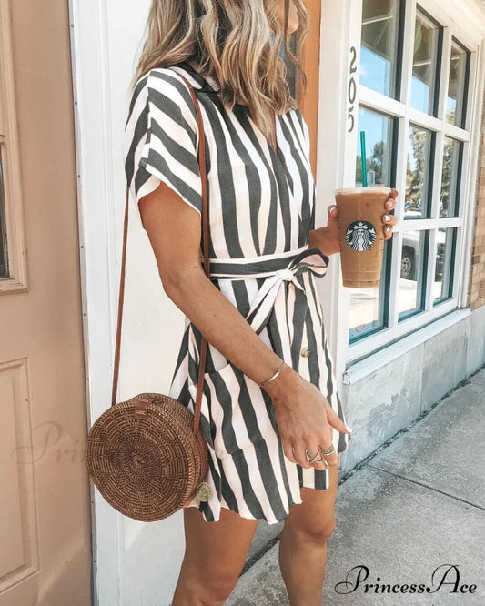 Striped Mini Dress with Short Sleeves S / GRAY
