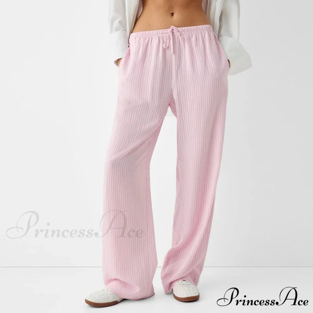 Striped Pajama Informal Stretchy Waist Pant Pink / S pant-250223