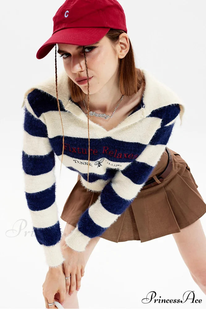 Striped Patchwork Knitted Sweater with Lapel Beige / M