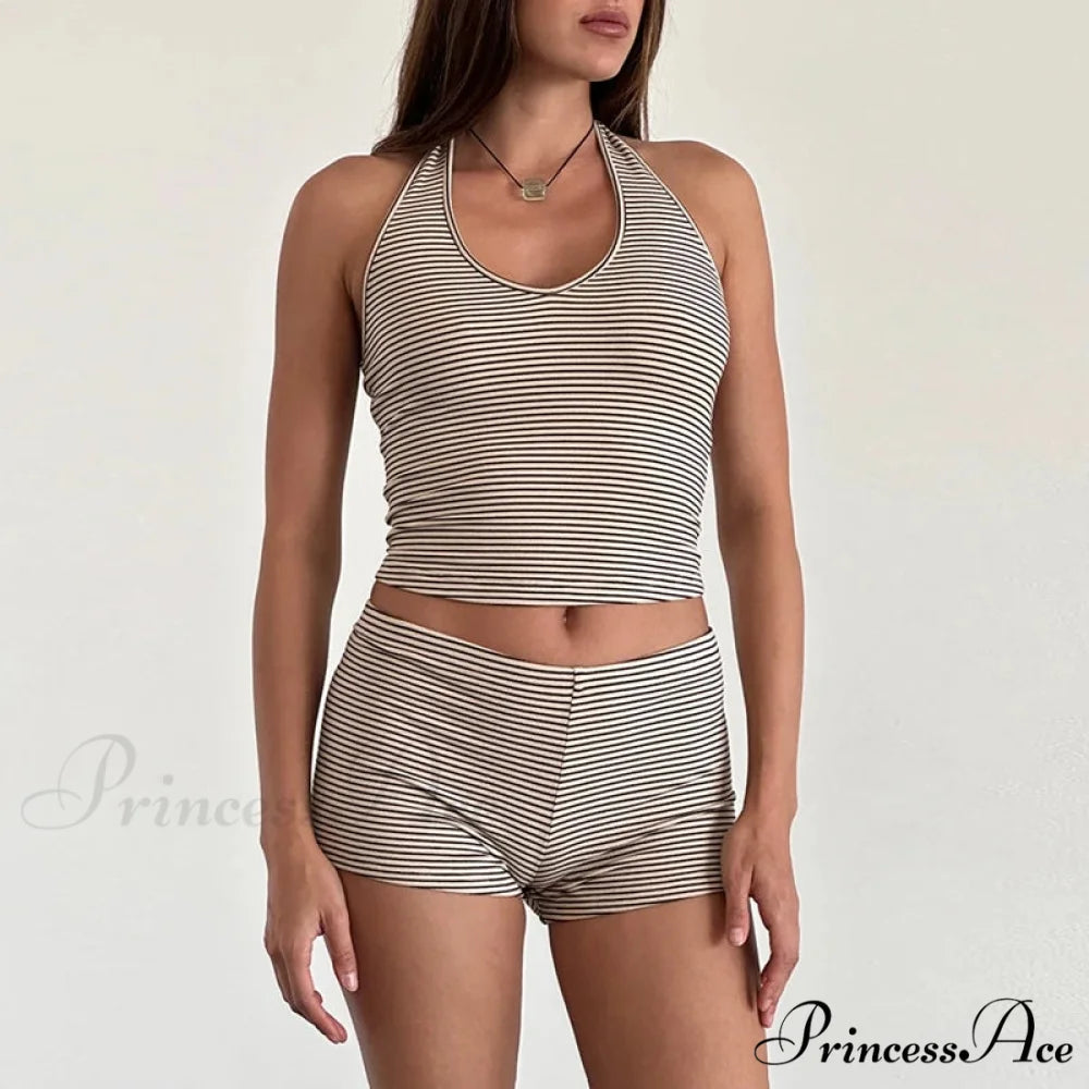 Striped Pattern Sleeveless V Neck Halter Crop Low Waist Shorts Two Pieces Set Khaki / S twopiecesset-250126