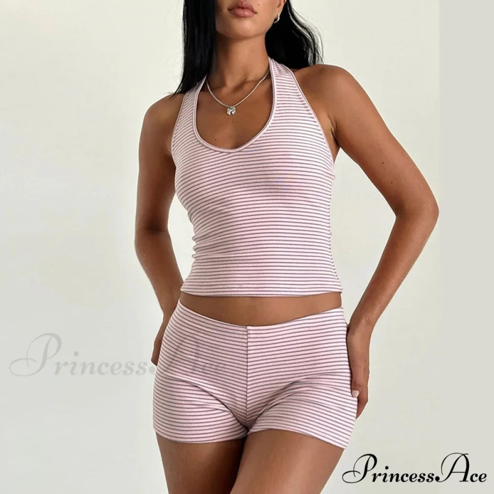 Striped Pattern Sleeveless V Neck Halter Crop Low Waist Shorts Two Pieces Set Pink / S twopiecesset-250126