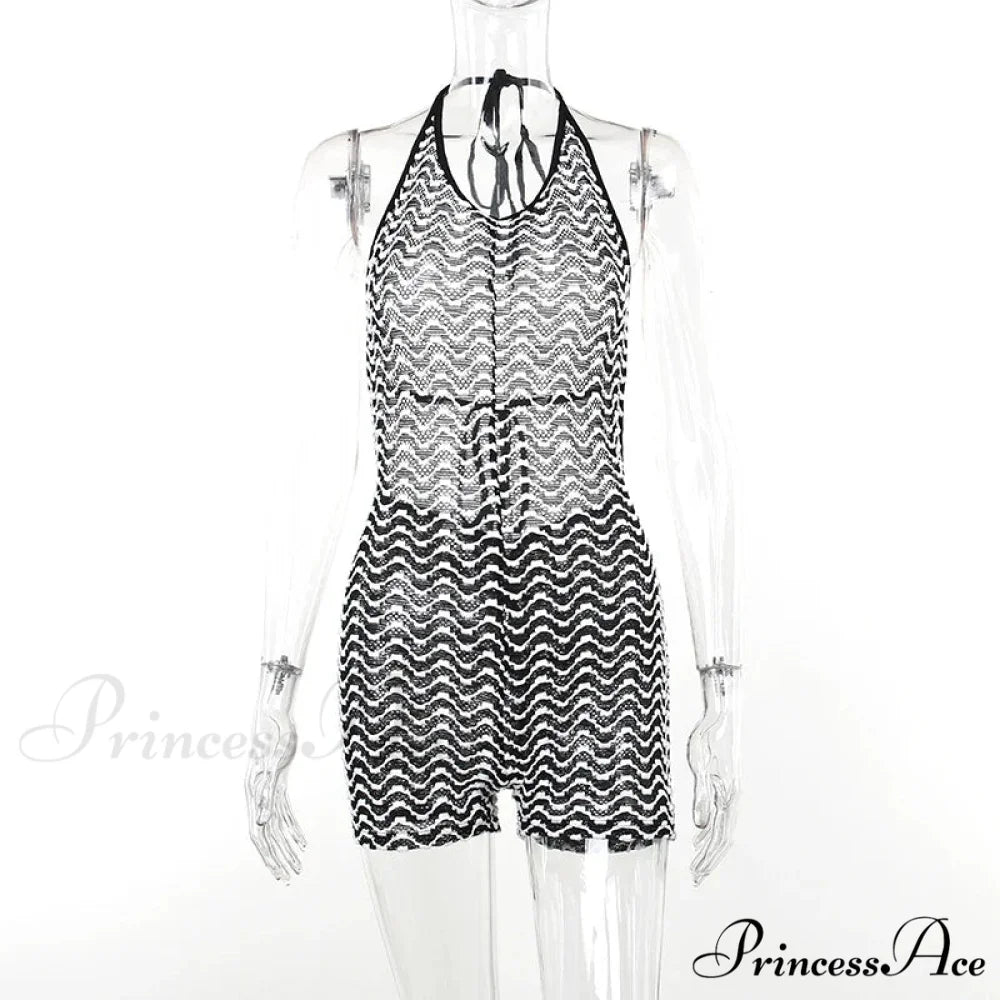 Striped Print Halter Lace Up Backless One Piece Summer 2024 Fashion Overalls Streetwear Bodycon Dress