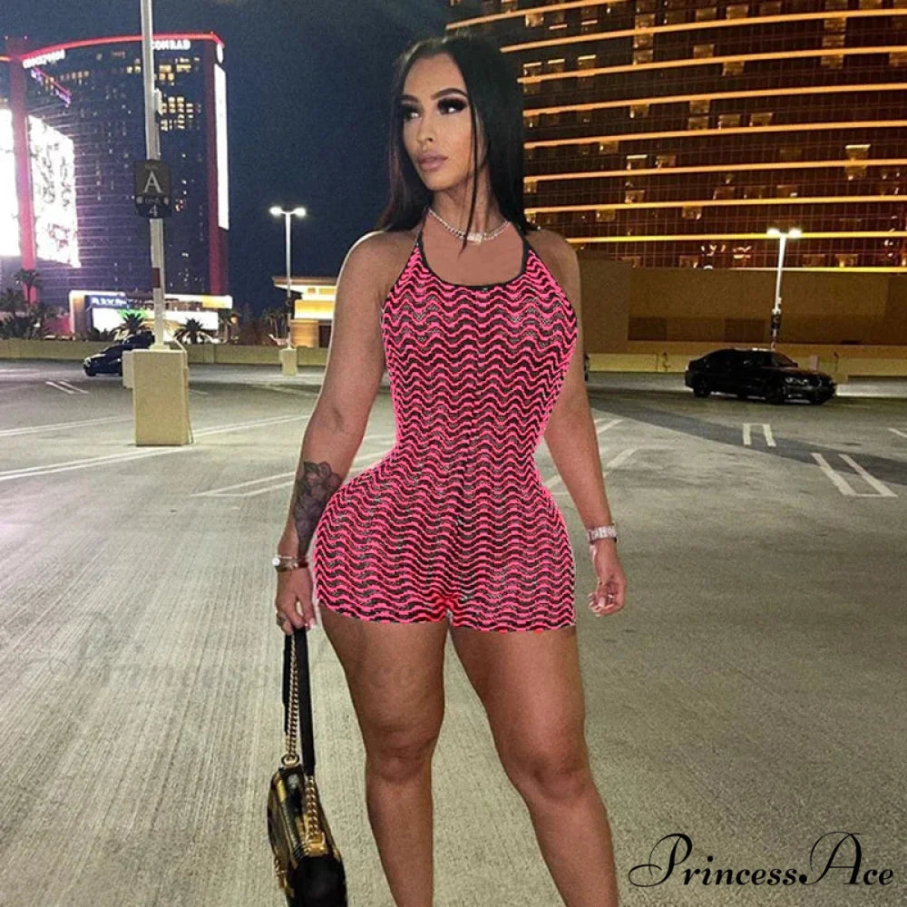 Striped Print Halter Lace Up Backless One Piece Summer 2024 Fashion Overalls Streetwear Bodycon Dress Pink / S