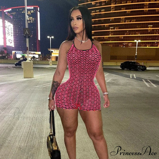 Striped Print Halter Lace Up Backless One Piece Summer 2024 Fashion Overalls Streetwear Bodycon Dress Pink / S