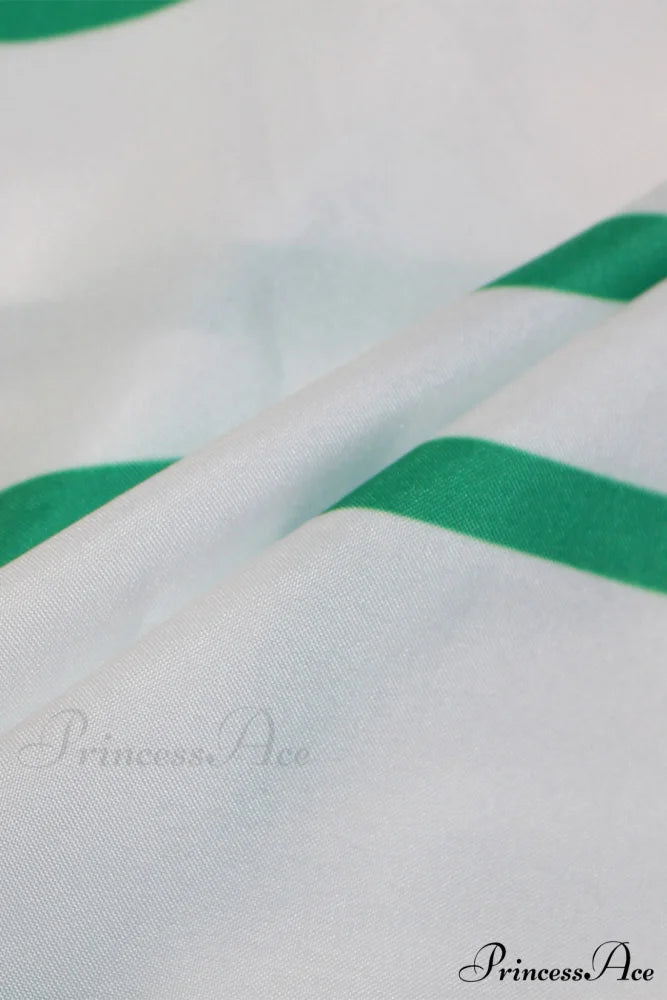 Striped Print Lace-up Shirt Dress - Green