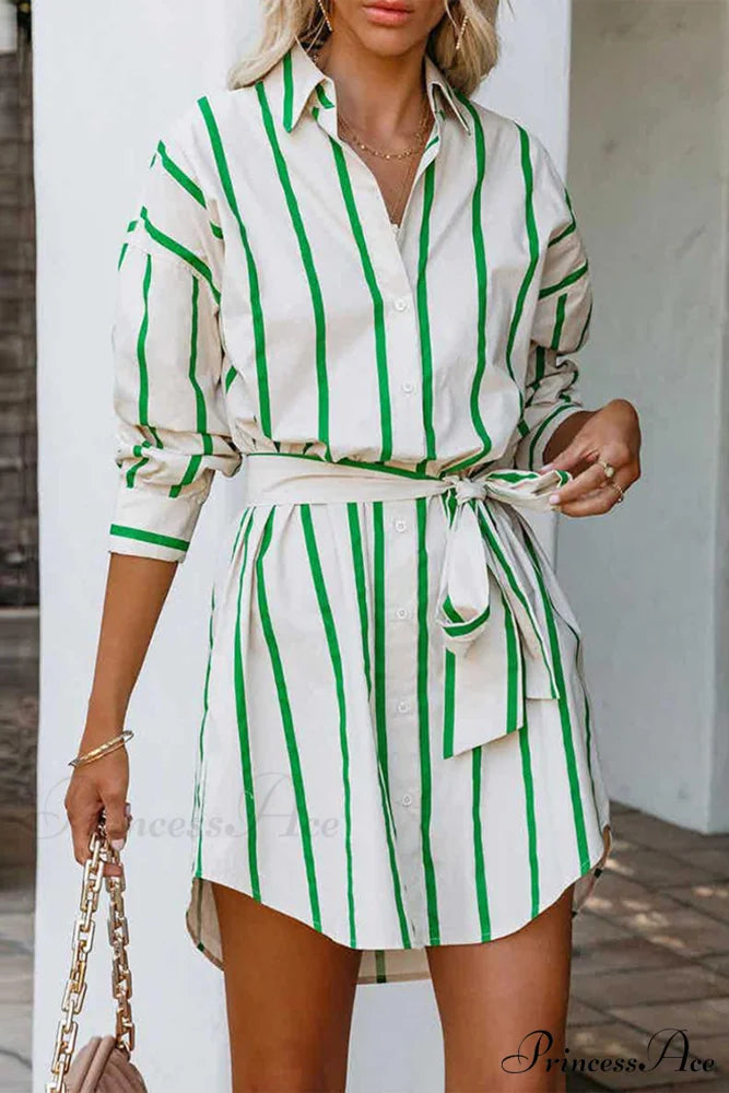 Striped Print Lace-up Shirt Dress - Green Green / XL