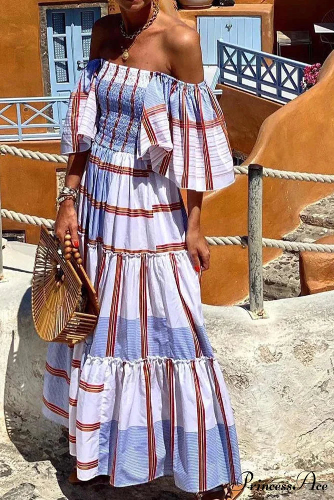 Striped Print Ruffle Sleeve Tiered Dress Blue / L