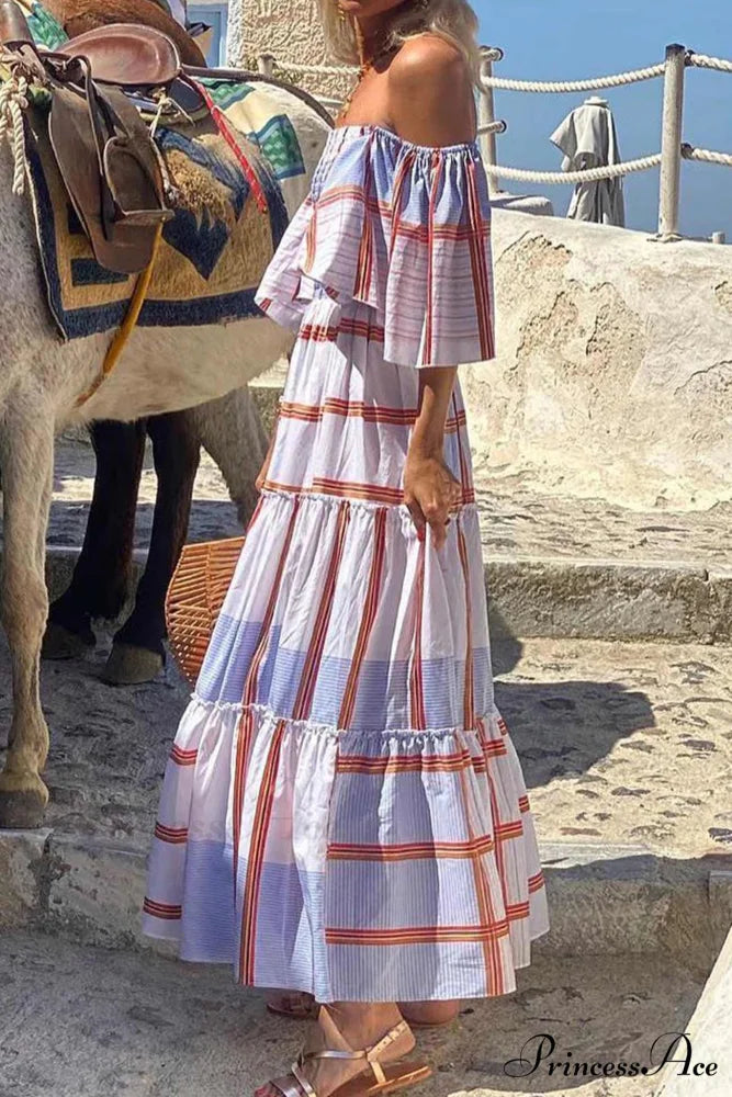 Striped Print Ruffle Sleeve Tiered Dress Blue / M