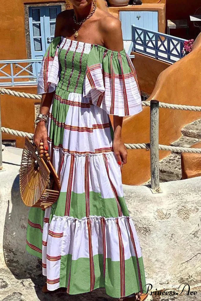 Striped Print Ruffle Sleeve Tiered Dress Green / L