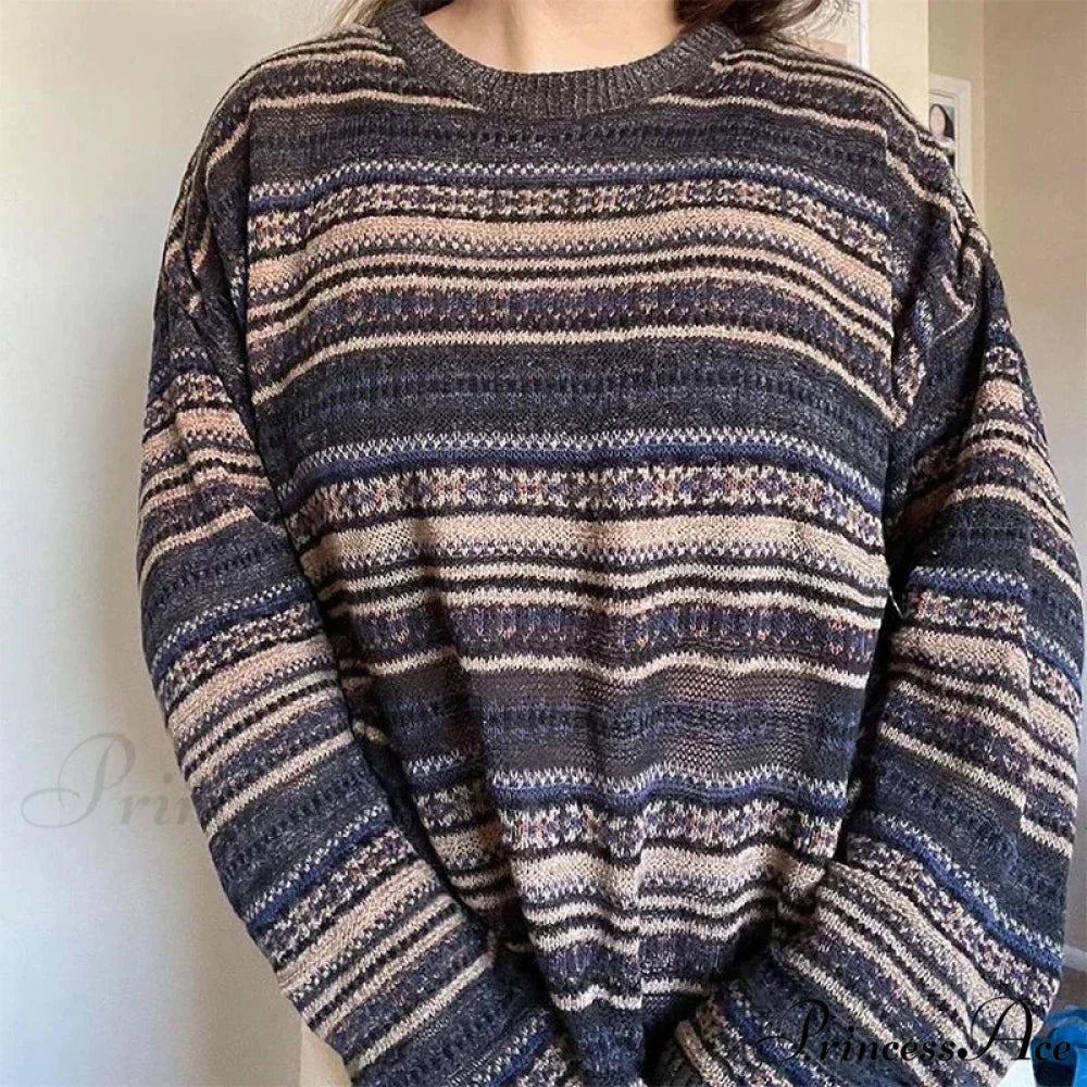 Striped Round Neck Oversized Sweater Brown / S swraters-241228