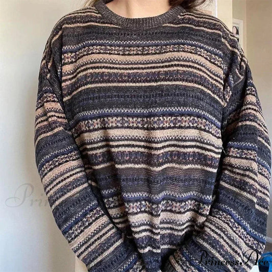 Striped Round Neck Oversized Sweater Brown / S swraters-241228