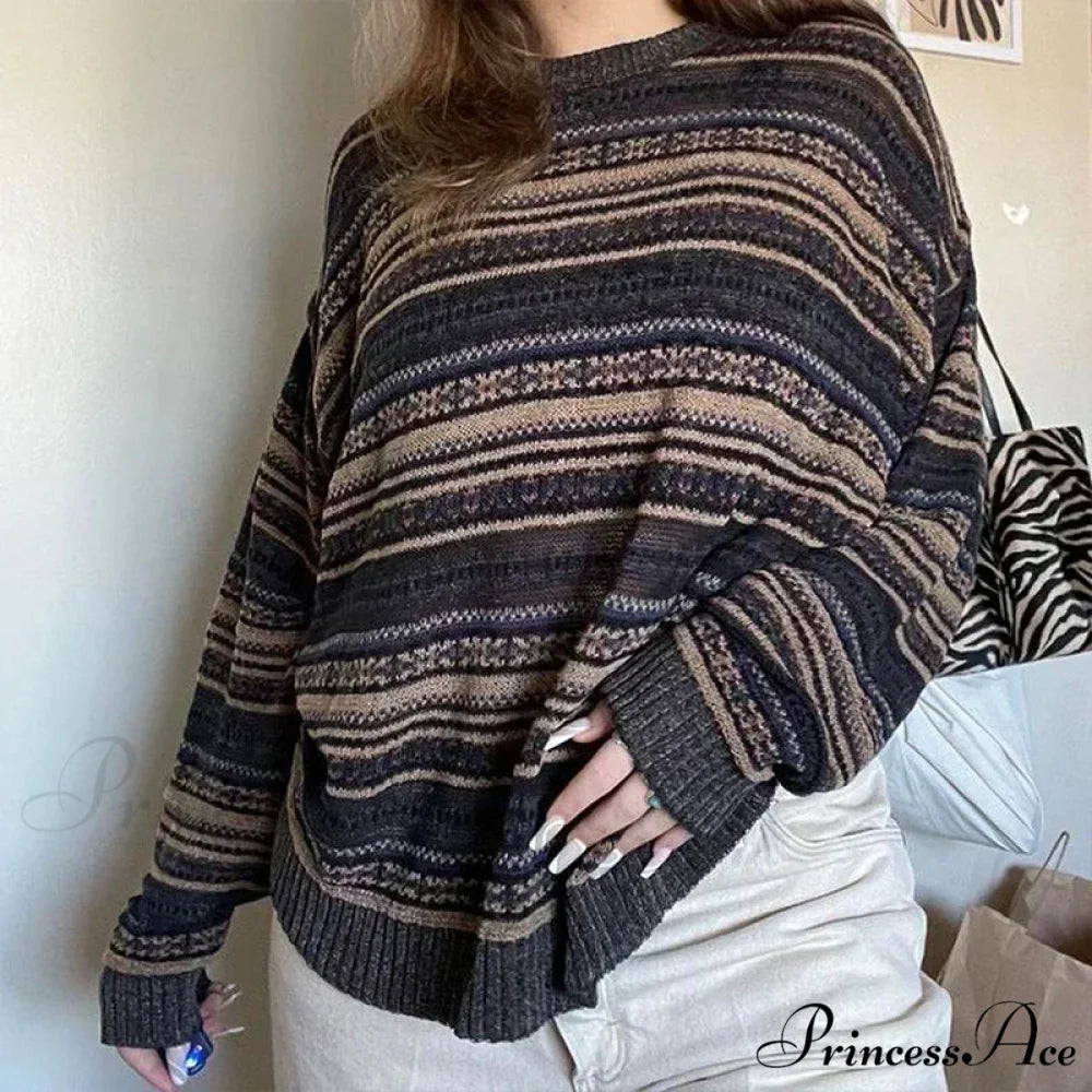 Striped Round Neck Oversized Sweater swraters-241228