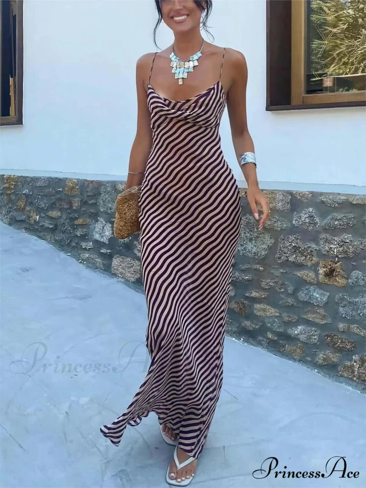 Striped Sexy Slim-Fitting Charming Strappy Chest-Length Floor-Length Dress Brown / S