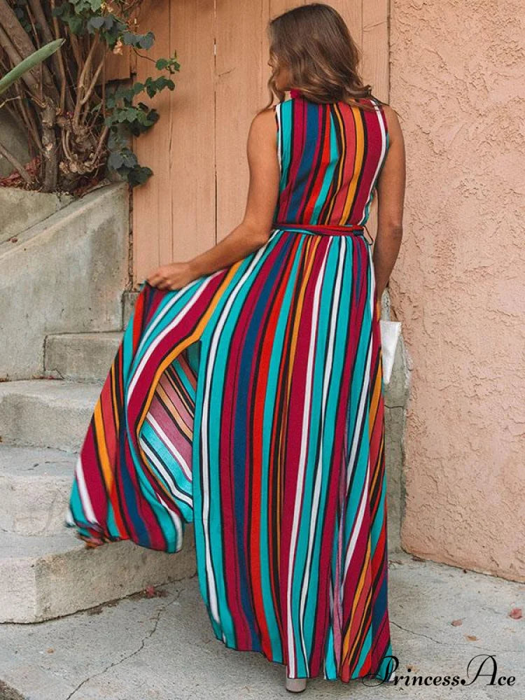Striped Sleeveless Maxi Dress with Split-Side