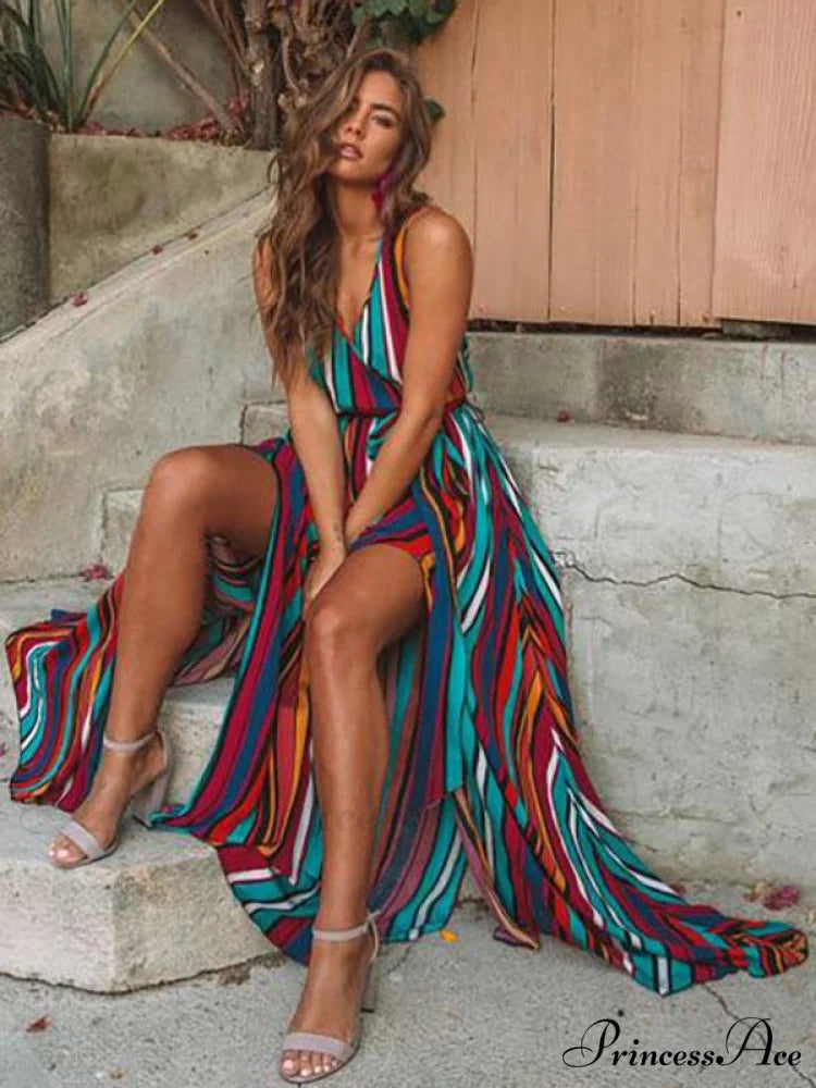 Striped Sleeveless Maxi Dress with Split-Side
